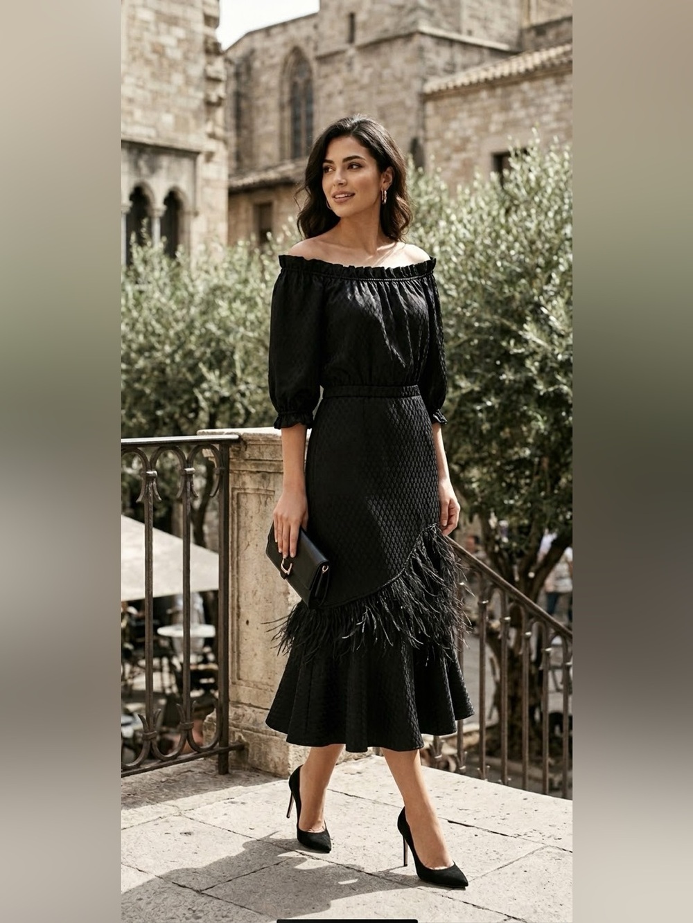 SALONI Grace Silk Dress Black Feather Midi Off Shoulder Geometric Jacquard XS